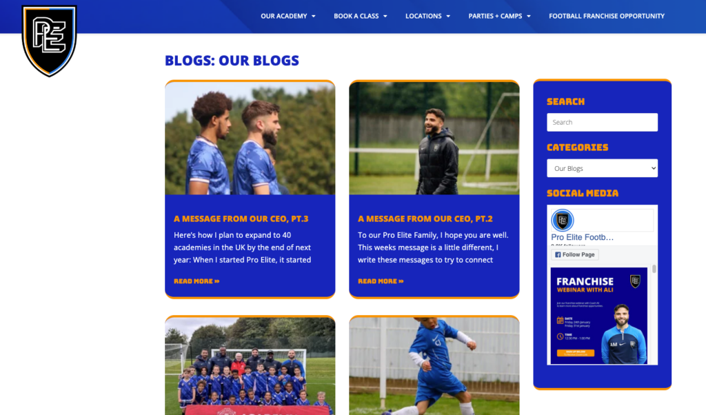 Blogseite der Pro Elite Football Academy
