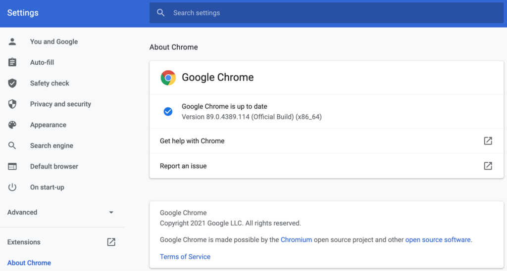 Fenster „Über Chrome", das anzeigt, dass Google Chrome auf dem neuesten Stand ist.