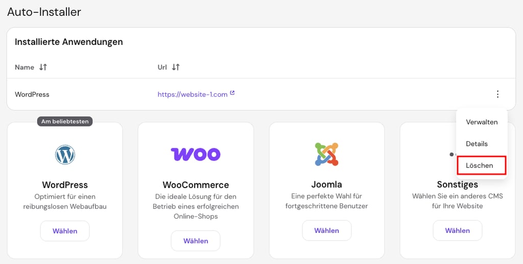 Bereich Auto-Installer in hPanel mit hervorgehobener Option zum Löschen einer WordPress-Website.