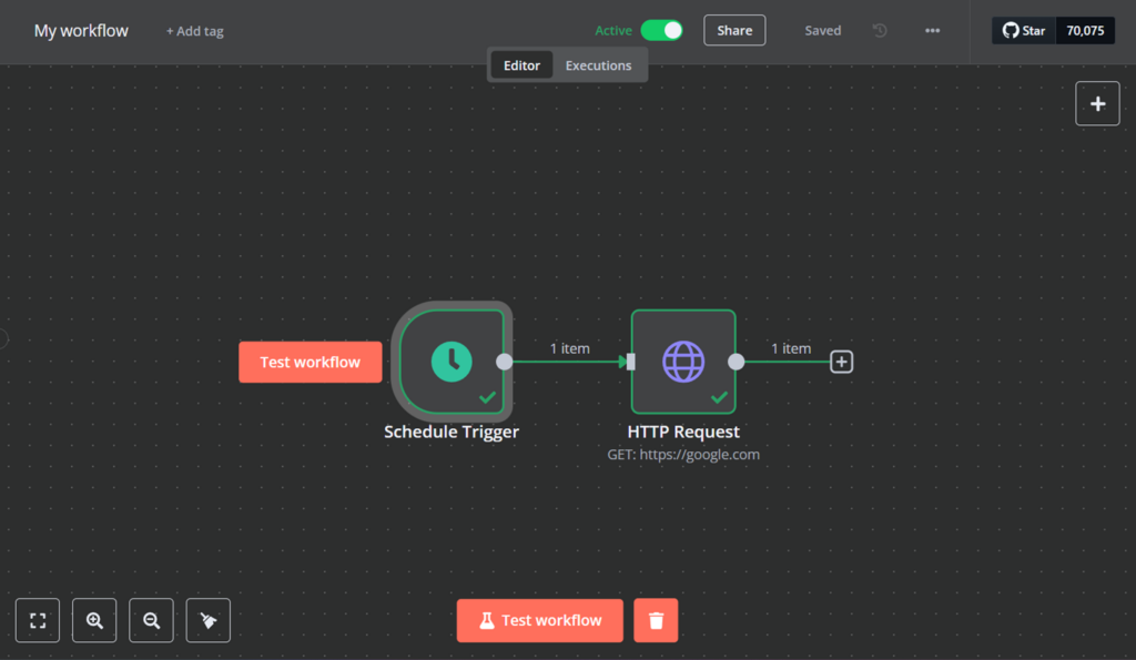 N8n-Oberfl&auml;che, auf der ein Workflow angezeigt wird, der durch einen Zeitplan-Trigger aktiviert wird.