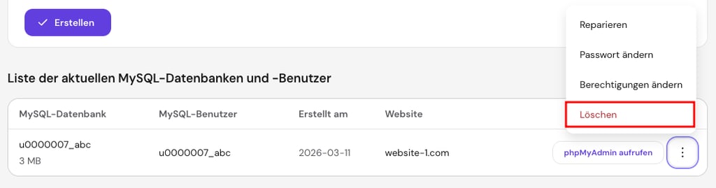 Bereich Datenbanken → Verwaltung in hPanel mit hervorgehobener Option zum Löschen einer WordPress-Datenbank.