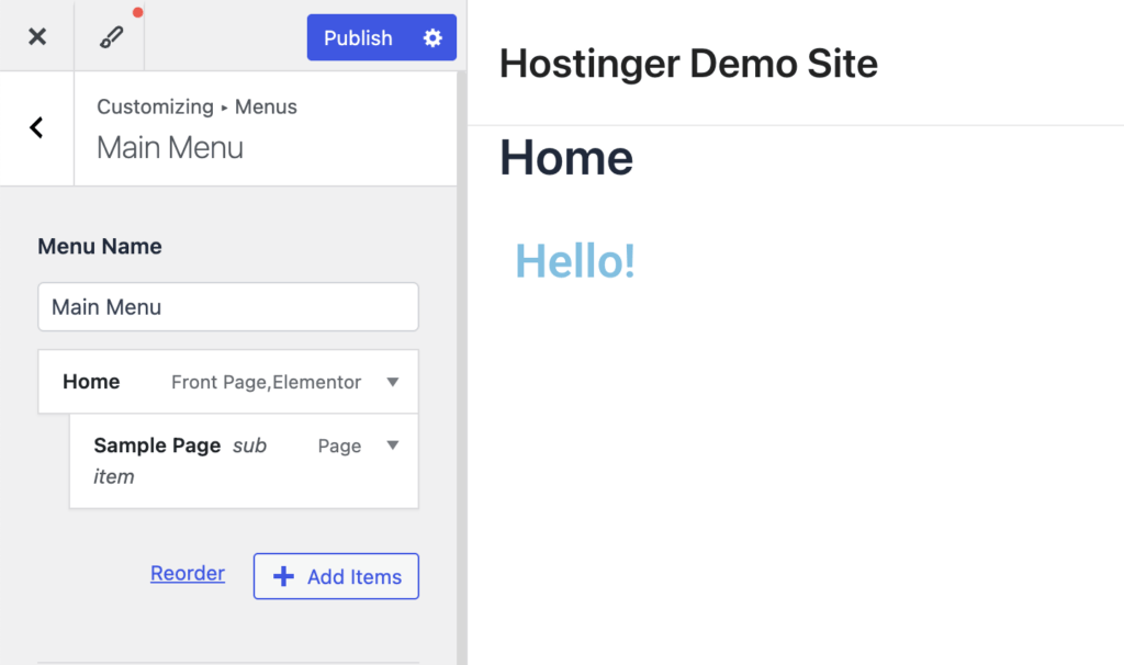 Das Menü-Anpassungsfenster im WordPress-Customizer