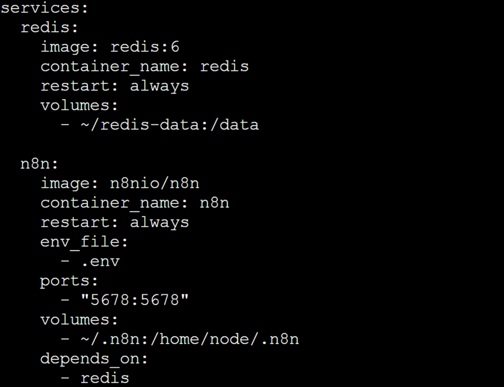 Beispiel f&uuml;r die Datei &bdquo;docker-compose.yml&ldquo; mit konfiguriertem Redis und der n8n-Hauptinstanz.