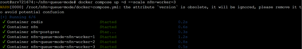 Abbildung des Terminals, die eine erfolgreiche Skalierung der n8n-Worker-Knoten auf bis zu 3 anzeigt.