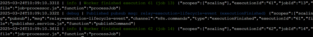 Abbildung des Terminals, auf dem der Befehl &bdquo;docker logs&ldquo; ausgef&uuml;hrt wurde, die zeigt, dass der Worker die Protokolle f&uuml;r die Workflow-Ausf&uuml;hrungen erfolgreich an die Konsole ausgibt.