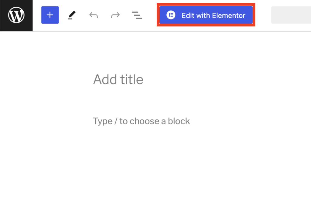 WordPress-Seiteneditor, in dem oben die Schaltfläche „Mit Elementor bearbeiten“ angezeigt wird
