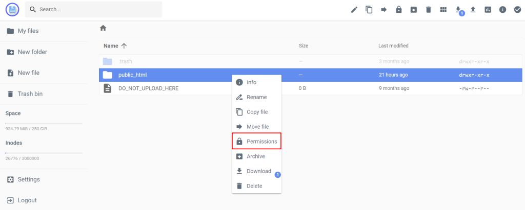 Hostingers Datei-Manager, die Option zur Änderung der Dateiberechtigungen wird hervorgehoben