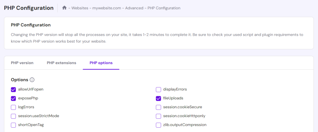 PHP‑Konfigurationsseite in hPanel zeigt den Tab mit PHP-Optionen an