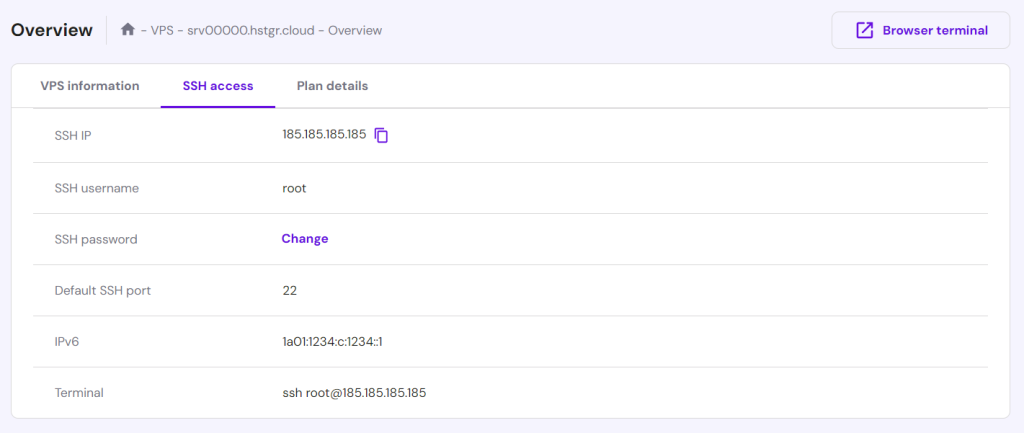 VPS-Übersicht im hPanel von Hostinger mit SSH-Zugriffsdetails