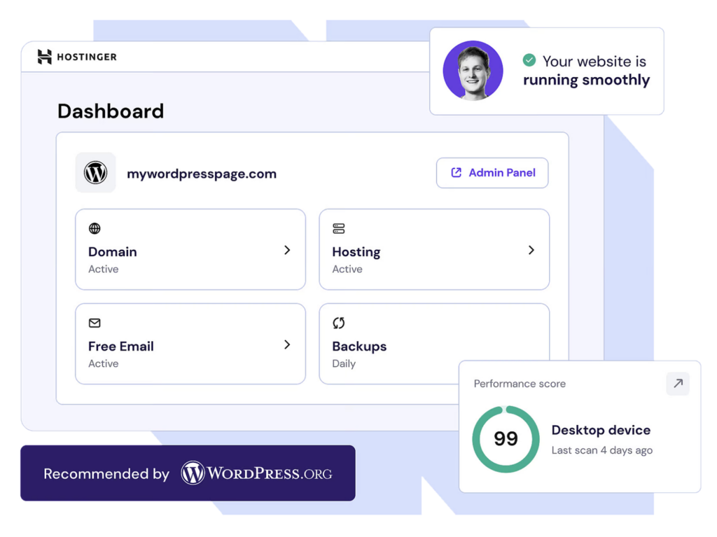 Das Hostinger-Dashboard zeigt ein WordPress-Website-Verwaltungspanel mit aktivierter Domain, Hosting, kostenlosem E-Mail-Dienst und Backups sowie eine Leistungsbewertung.