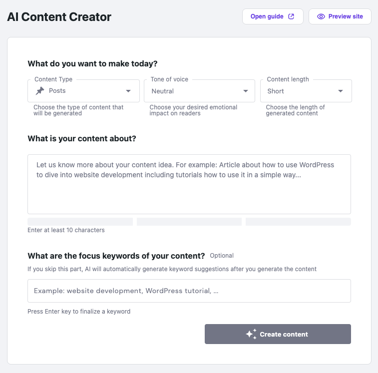 Hostinger KI Content Creator im WordPress-Dashboard