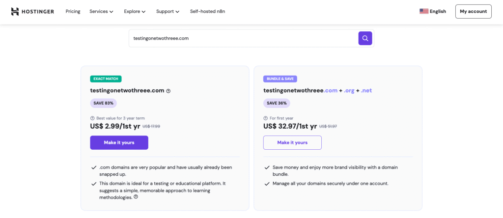 Hostinger-Domain-Suche mit Einzel- und Paketpreisoptionen