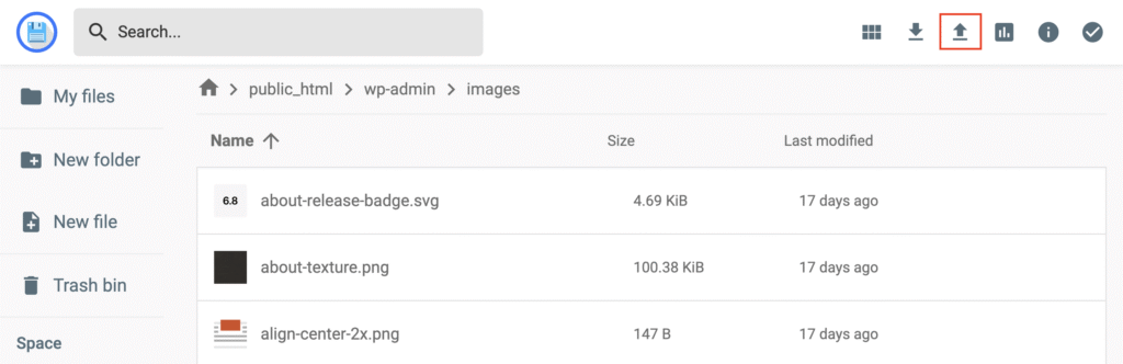 Schaltfl&auml;che Hochladen im Ordner public_html des Hostinger-Dateimanagers hervorgehoben