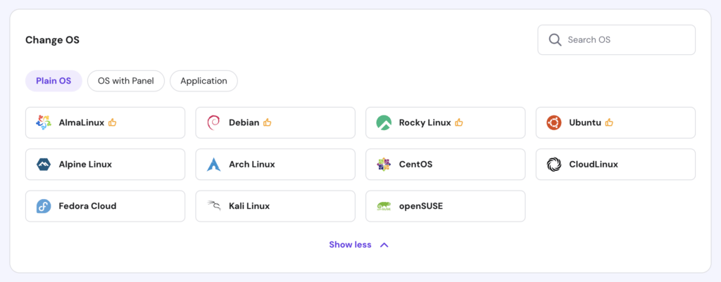 Der Abschnitt „Betriebssystem ändern“ mit Linux-Betriebssystemoptionen im VPS von hPanel