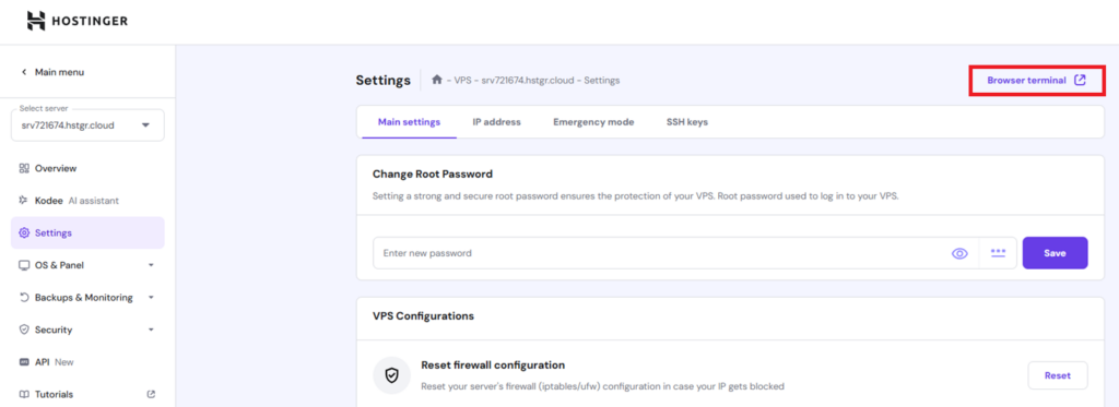 Ansicht der Ubuntu-VPS-Einstellungen mit hervorgehobener Option &bdquo;Browser-Terminal&ldquo;.