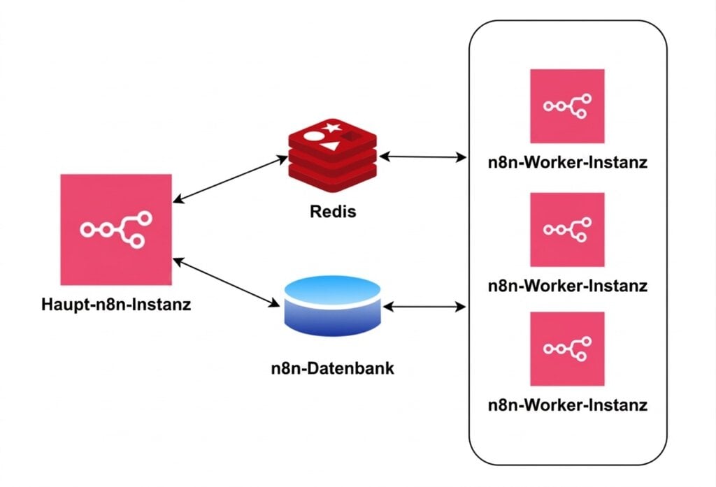Schematische Darstellung der Architektur des n8n-Queue-Modus.