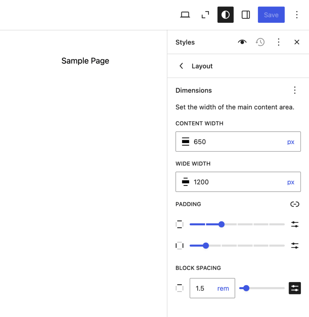 Optionen zur Anpassung des Layouts im WordPress-Site-Editor.