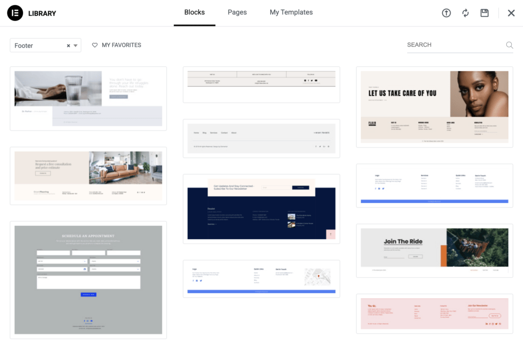 Vorgefertigte Fußzeilenblöcke im Elementor Theme Builder