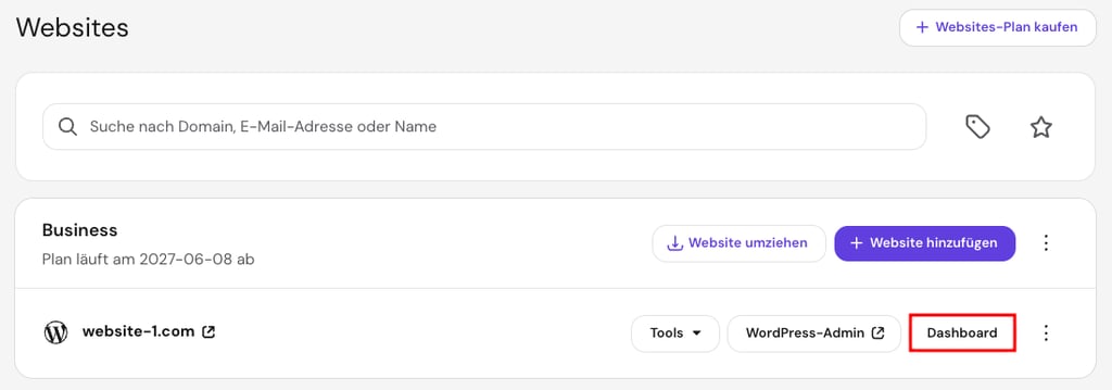 Bereich Websites in hPanel mit hervorgehobener Schaltfläche Dashboard neben einer Website.