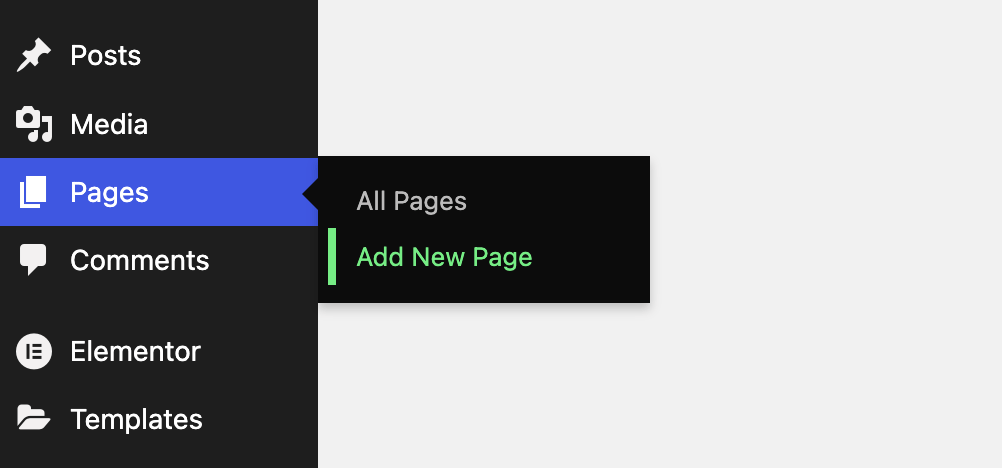 WordPress-Dashboard mit Pfad zum Erstellen einer neuen Seite