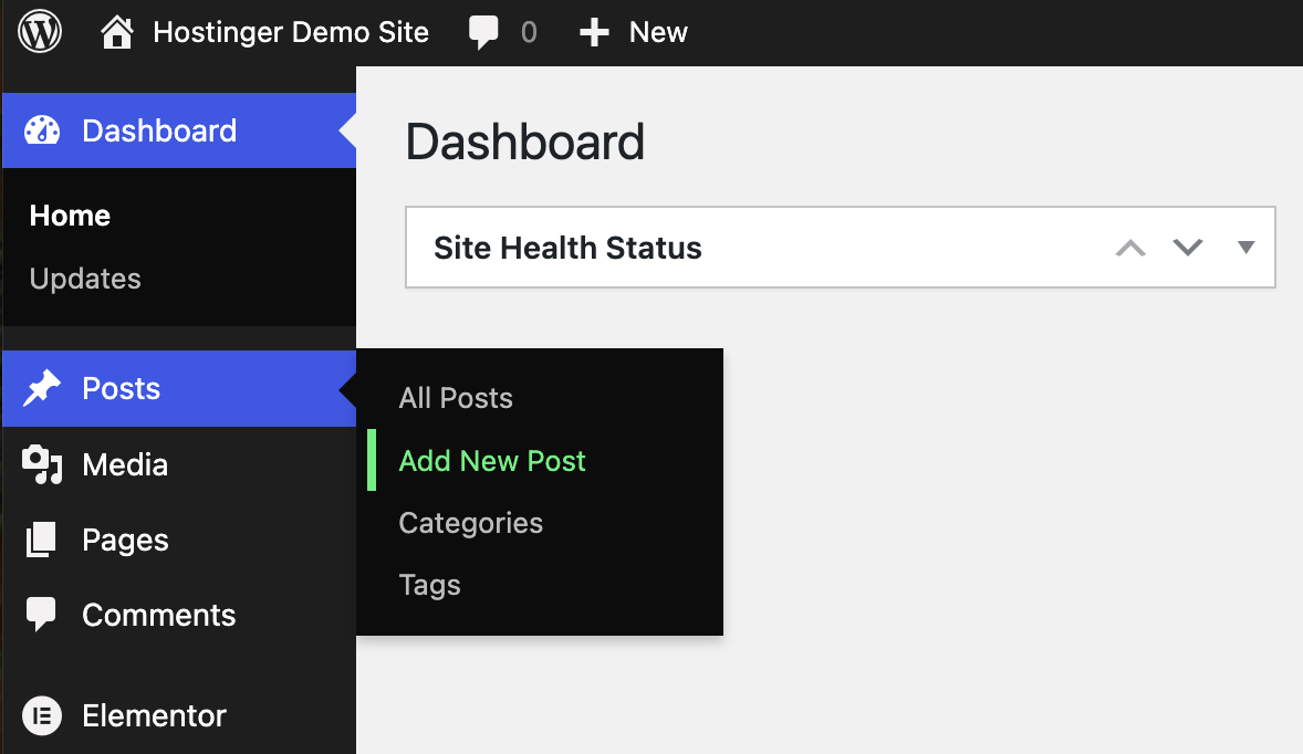 WordPress-Dashboard mit Pfad zum Erstellen eines neuen Beitrags