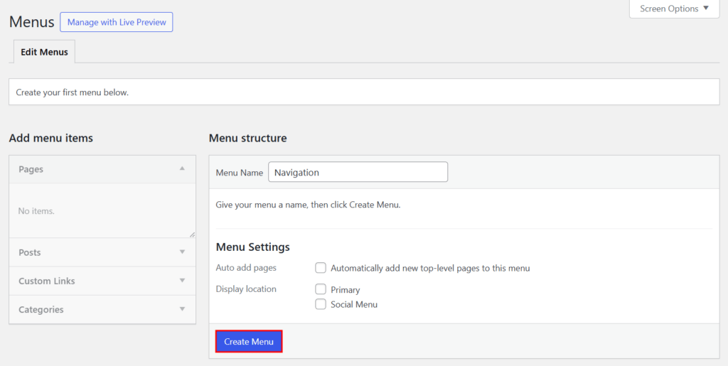 Die Benutzeroberfläche des WordPress-Customizers mit Optionen zum Erstellen eines neuen Navigationsmenüs