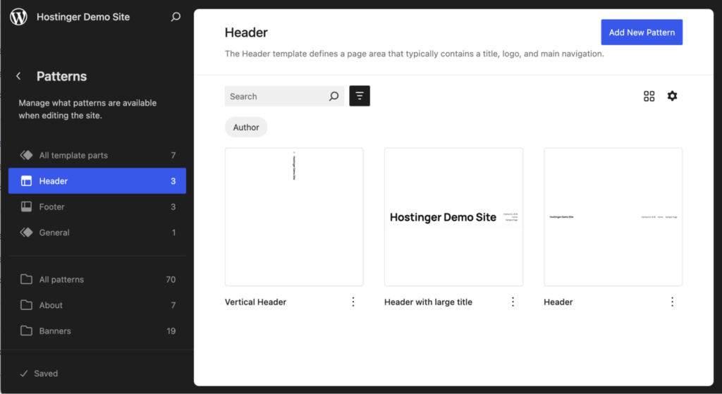 Der WordPress-Site-Editor zeigt die verfügbaren Kopfzeilendesigns im Abschnitt „Kopfzeile“ des Menüs „Muster“ an