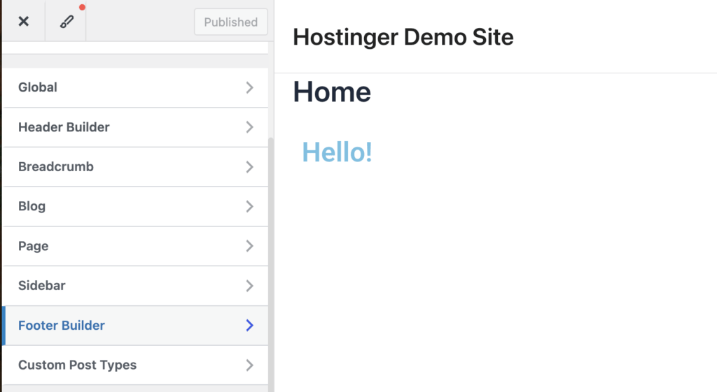 WordPress Customizer mit dem Astra-Theme, wobei die Option „Footer Builder“ im Hauptmenü angezeigt wird, um auf die Anpassungsoptionen für die Fußzeile zuzugreifen
