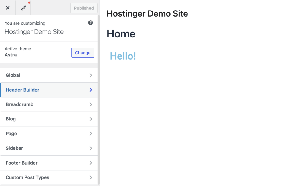 Der WordPress Customizer zeigt den Header Builder in der linken Seitenleiste an