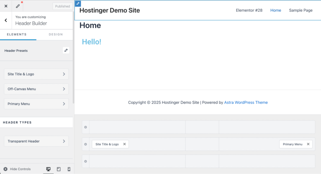 Die Benutzeroberfläche des WordPress-Customizers mit dem Astra-Theme, die Voreinstellungen für die Kopfzeile sowie Optionen zum Hinzufügen benutzerdefinierter Elemente und Widgets zur Kopfzeile zeigt.