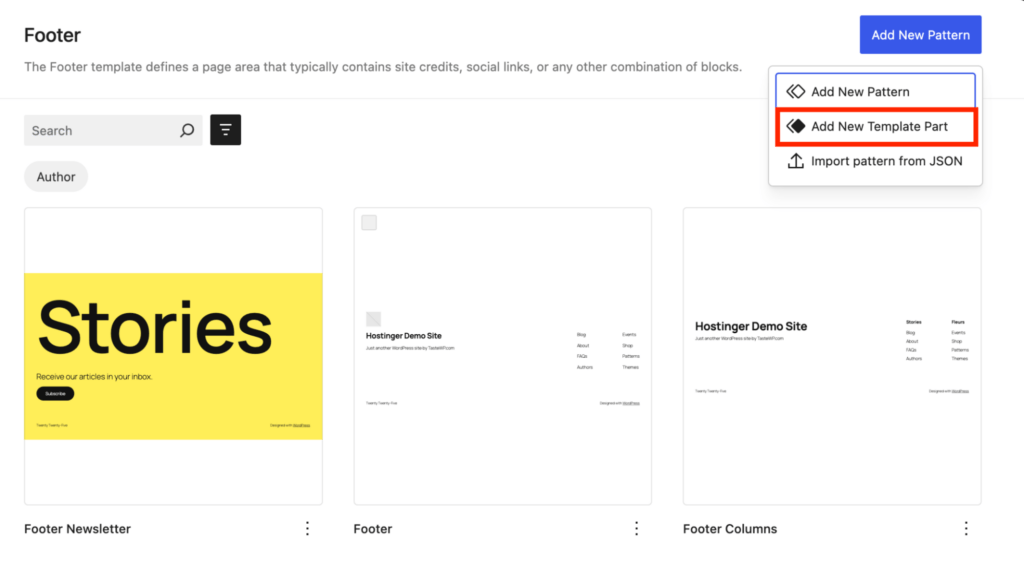 Die Option „Neuen Vorlagenteil hinzufügen“ im WordPress-Site-Editor ist hervorgehoben, um benutzerdefinierte Kopf- oder Fußzeilendesigns zu erstellen