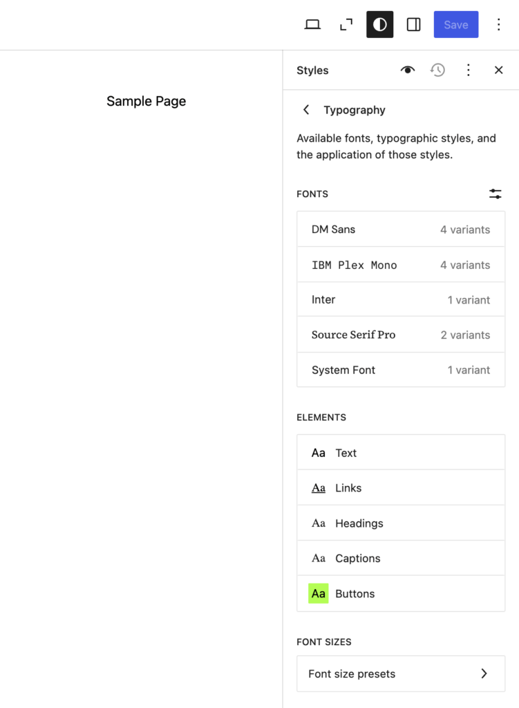 Optionen zur Anpassung der Typografie im WordPress-Site-Editor.