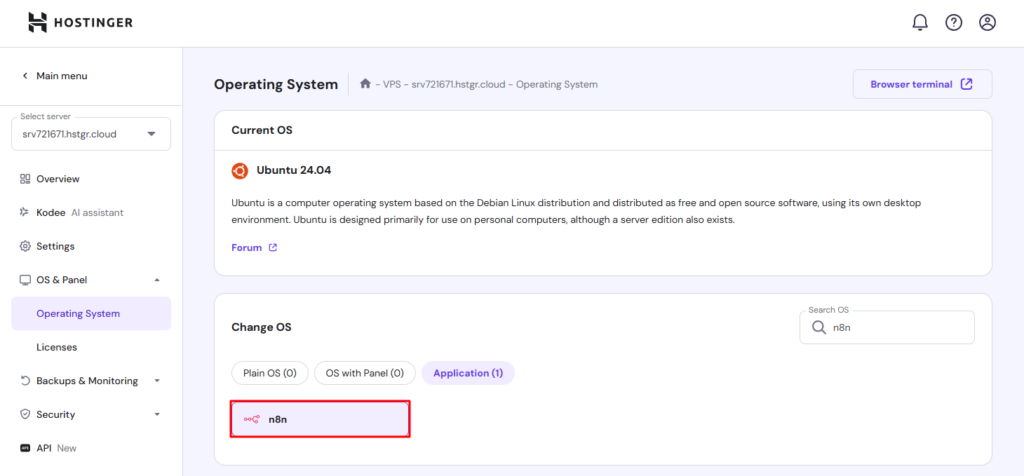 Auswahl von Ubuntu mit n8n als Betriebssystem in hPanel.