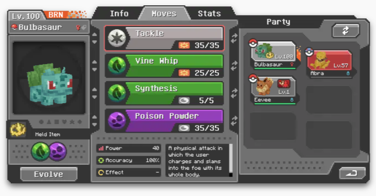 Ein Screenshot der Cobblemon-Mod-Oberfläche mit einem Bisasam auf Level 100 und den Attacken Tackle, Vine Whip, Synthesis und Poison Powder.