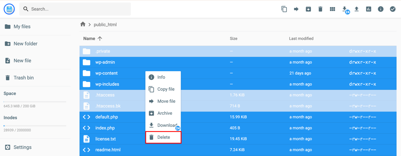 Alle WordPress-Dateien mit dem Hostinger-Dateimanager löschen