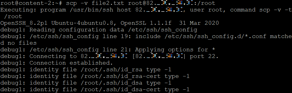 Das Terminal zeigt Debugging-Meldungen für den SCP-Befehl im ausführlichen Modus an