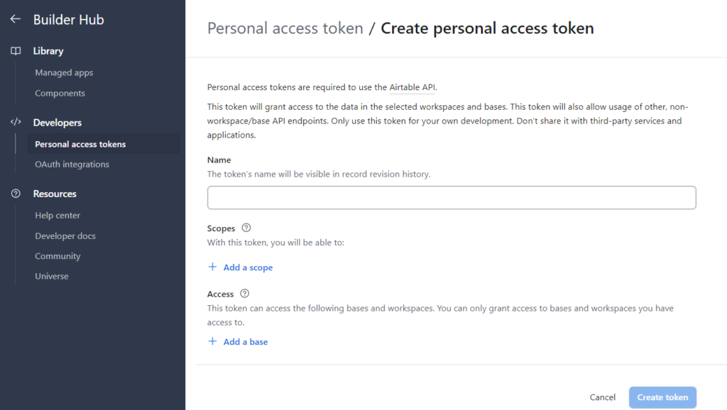 Workspaces oder Bases auswählen, auf die das Token zugreifen darf
