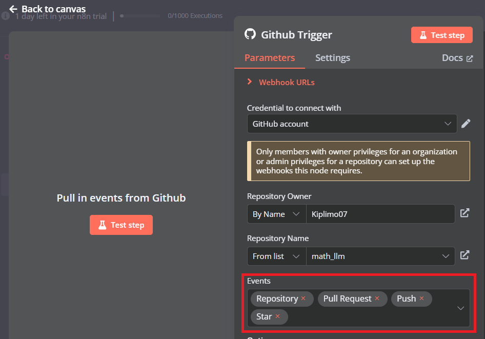 GitHub-Trigger-Knoten mit Events konfigurieren