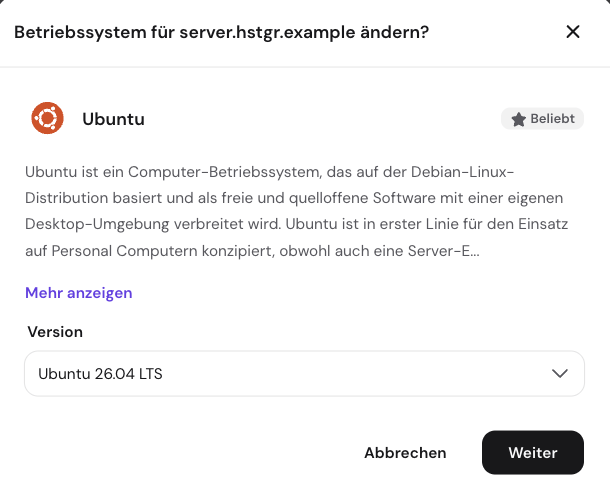 hPanel mit geöffnetem Einrichtungsassistenten für Ubuntu