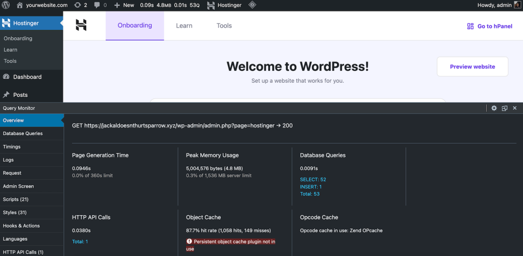 Benutzeroberfläche des Plugins Query Monitor im WordPress-Dashboard