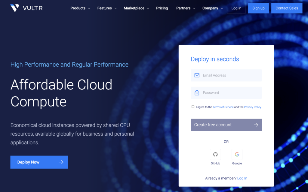 Vultr VPS-Landingpage