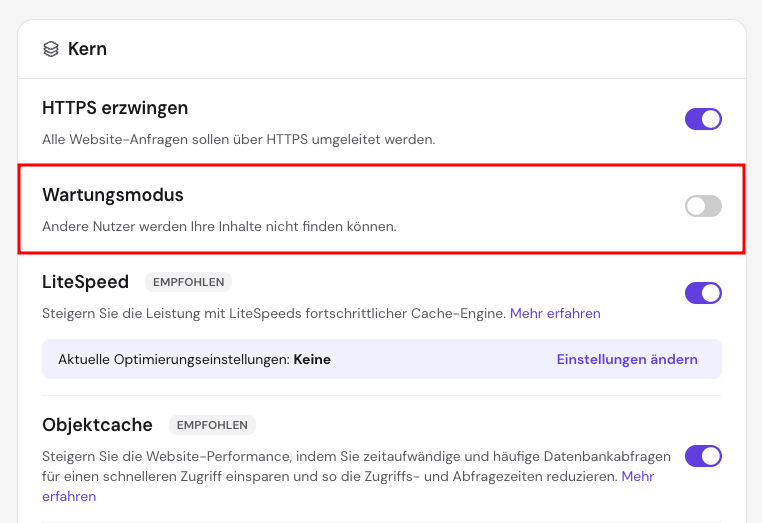 Schalter für den WordPress-Wartungsmodus in hPanel
