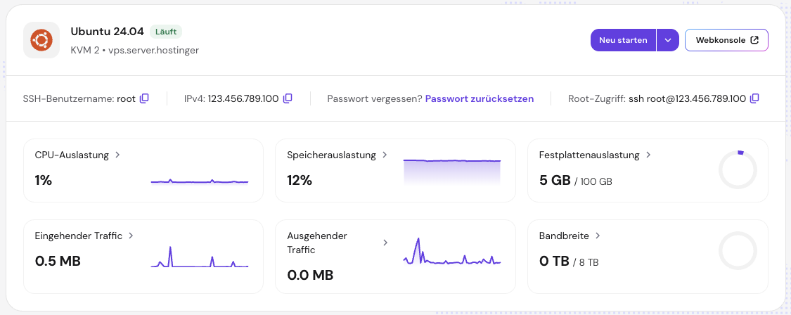Die Schaltfl&auml;che &bdquo;Webkonsole&ldquo; auf der &Uuml;bersichtsseite &bdquo;VPS&ldquo; von hPanel