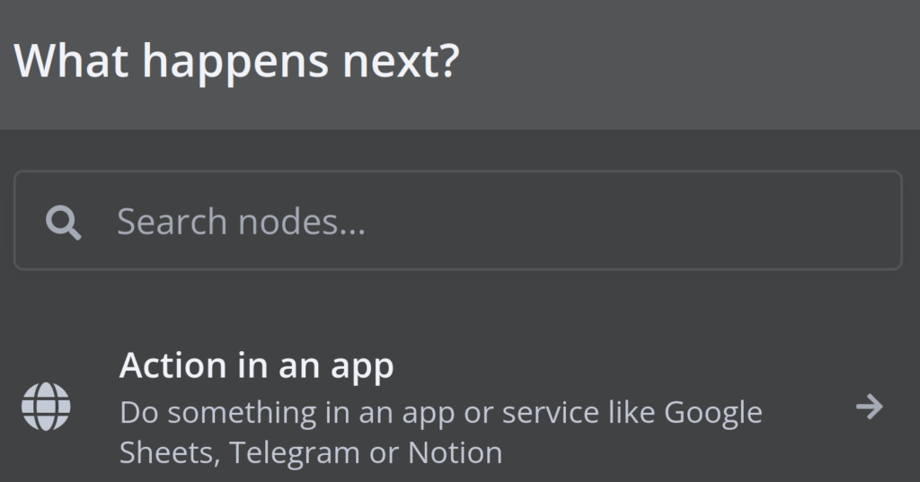 n8n-Dialog mit der Option, über Action in an app eine Aktion in einer Anwendung auszuführen