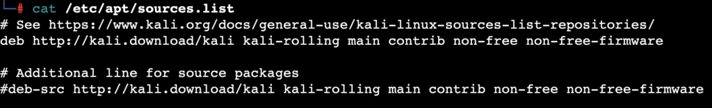 Die Ausgabe des Befehls „cat /etc/apt/sources.list“ im Terminal