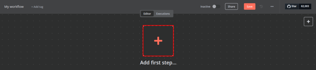 n8n-Canvas zur Workflow-Erstellung mit der Option, einen ersten Schritt hinzuzufügen