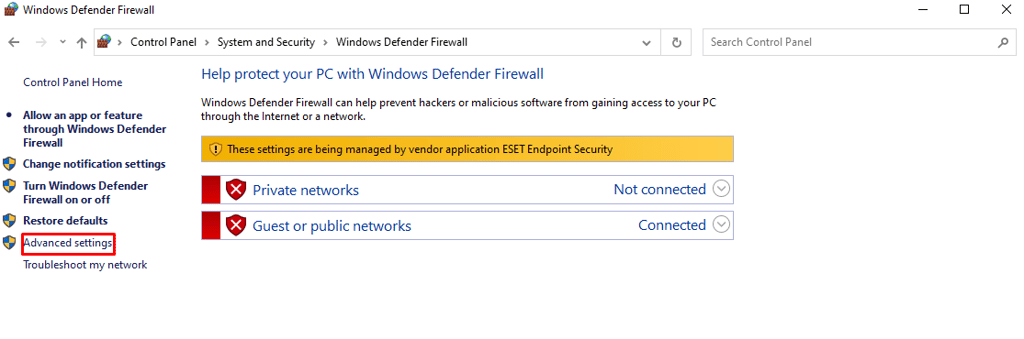 Erweiterte Einstellungen der Windows Defender Firewall auswählen.