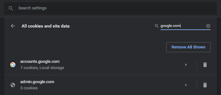 Option zum Entfernen aller angezeigten Cookies in Google Chrome