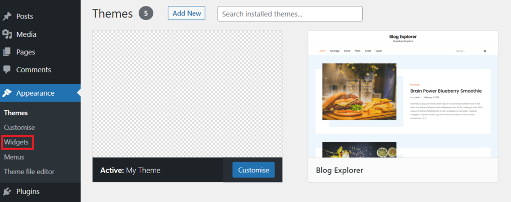 Das Widgets-Menü eines neu erstellten WordPress-Themes