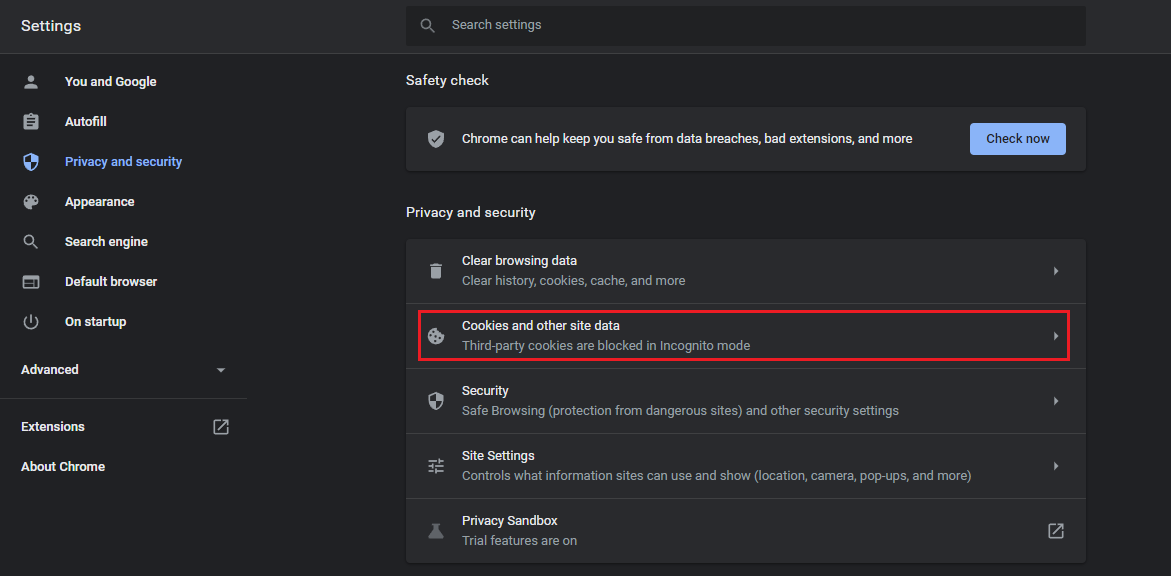 Abschnitt „Cookies und andere Websitedaten“ in den Google-Chrome-Einstellungen